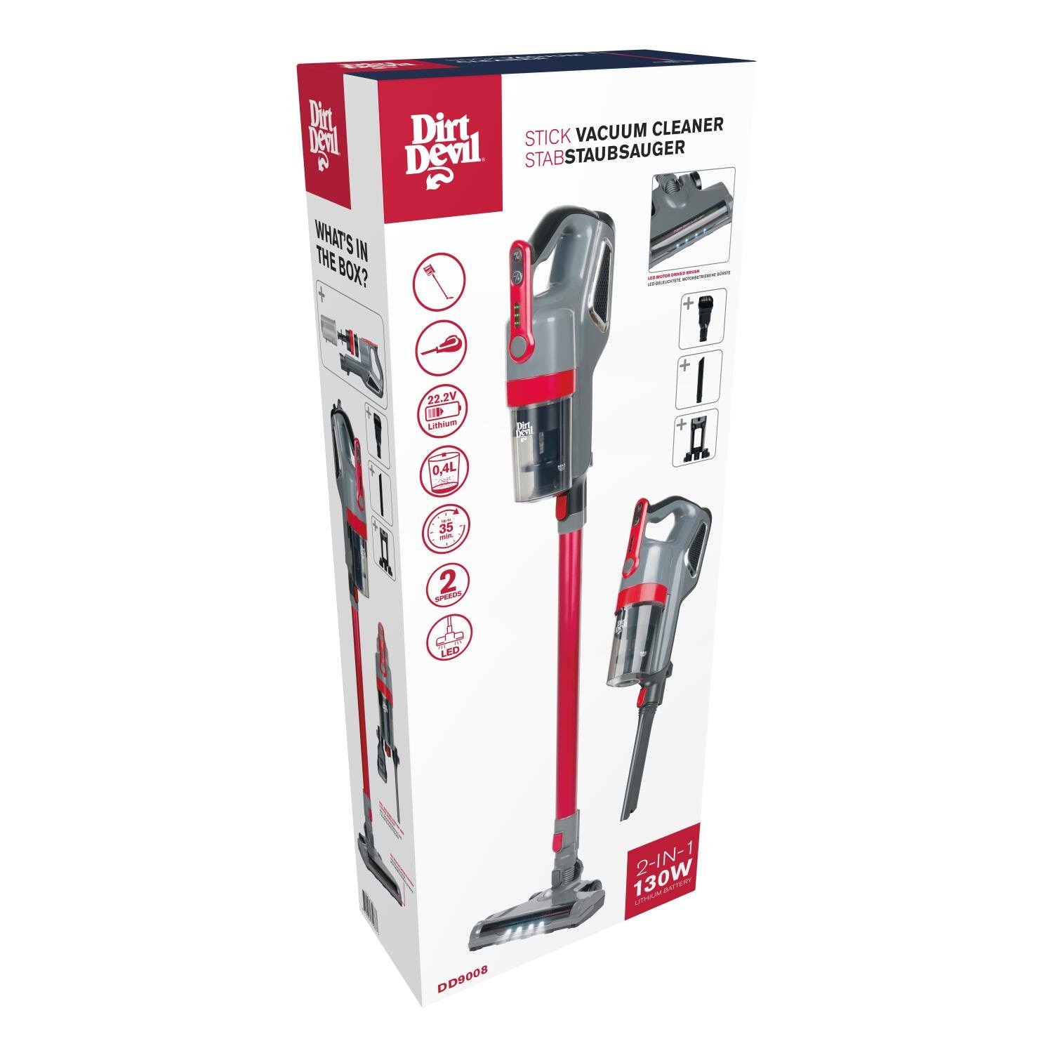 Aspirator vertical 2in1 Dirt Devil DD9008, 2 viteze, Alimentare pe baterii, Recipient 400ml, 130 W, Rosu/Gri