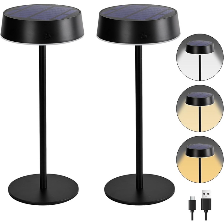Безжична соларна лампа, 2 броя, IP67, 3 цветови температури, 2200 mAh, за градина, тераса