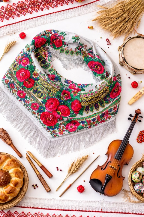 Batic Traditional Romanesc cu Franjuri, Esarfa Folclorica cu Imprimeu Floral Trandafiri, Accesoriu Costum Popular pentru Nunta, Ansamblu Folcloric, Serbari, Femei si Fete