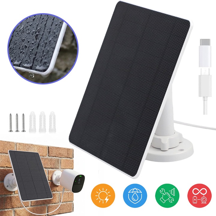 Panou Solar De 5W Pentru Camera De Securitate, Incarcator Solar Pentru Camera De Securitate, Camera De Exterior, Sonerie Si Iluminat Exterior Cu Conexiune Micro-Usb Si Usb-C, Suport Reglabil La 360°