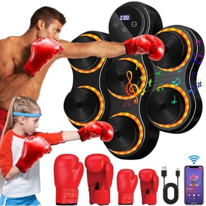 Aparat de box muzical electronic cu LED, 9 moduri de viteza si mod de numarare, tinta de box montata pe perete Bluetooth cu manusi de box pentru exercitii de adulti si copii