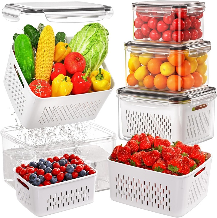 Set 4 Caserole Fructe Pentru Frigider Excitat@, Cu Strecuratori, Capace Etanse, Depozitare Frigider si Congelator, Plastic fara BPA, Organizare Bucatarie, Inchidere cu 4 Clipsuri, Usor de Curatat, Transparent