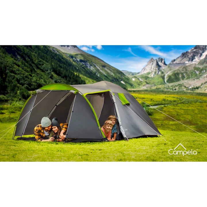 Cort camping 4 persoane Campela Tropical, waterproof 3000 mm, dimensiuni 135x220x225cm, cu prelungire spatioasa