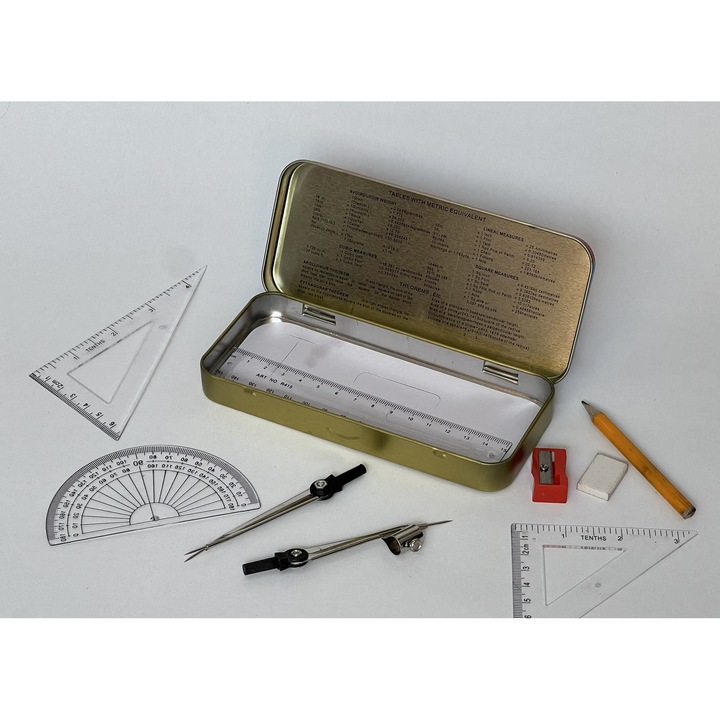 Trusa geometrica scolara cu compas si accesorii, cutie metalica