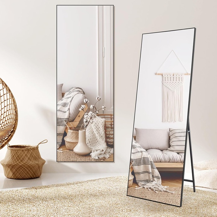Oglinda de lungime completa HORLIMER, 165 x 60 cm, montare pe perete sau suport podea, sticla HD anti-distorsiune, rama metalica, design modern, culoare Negru