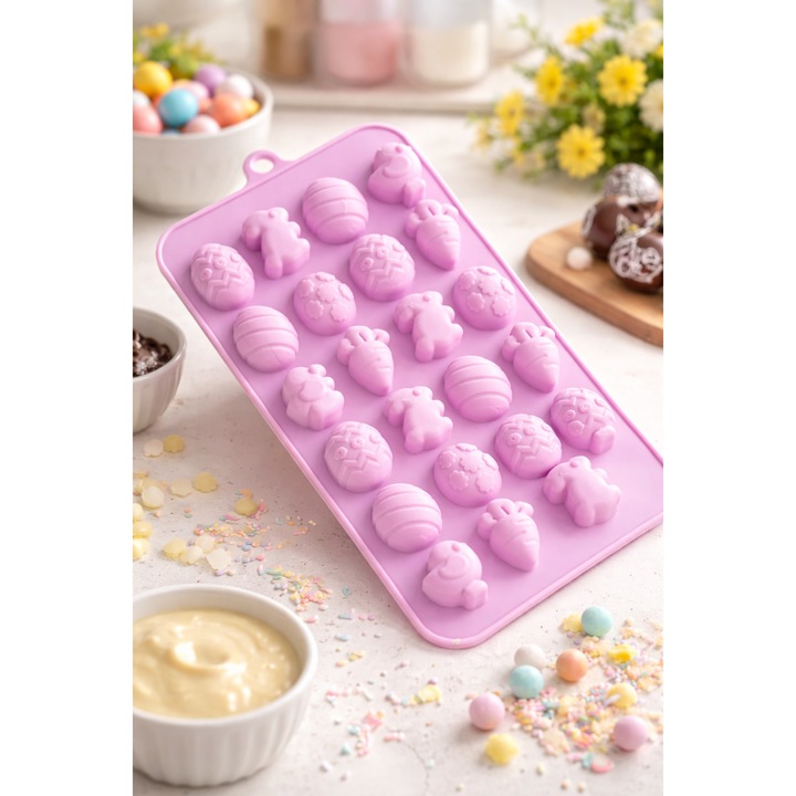 Forma din Silicon pentru Deserturi de Paste ANTBRO®, Matrita cu 24 Modele Oua, Iepurasi, Puisori si Morcovi, Forma pentru Ciocolata, Bomboane si Prajituri, Rezistenta -40°C / +230°C, 10.5 x 21 cm
