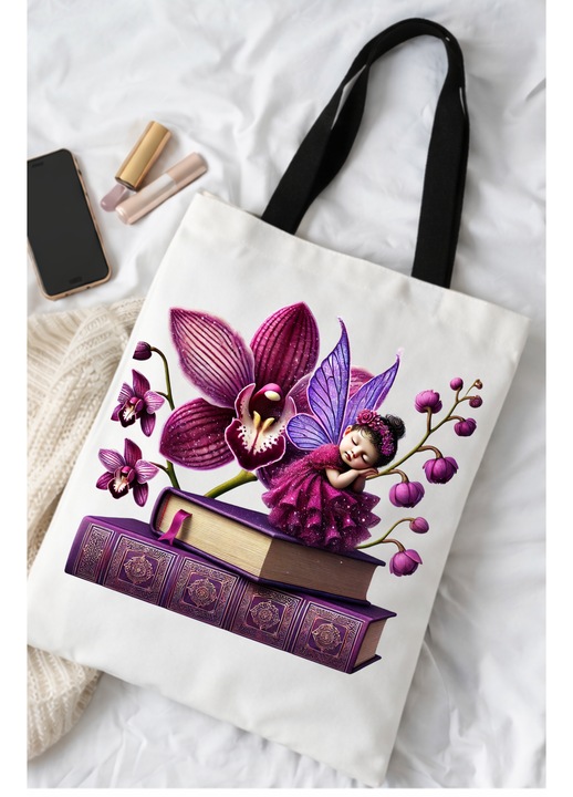 Fehér Tote Bag 38x32 cm Tündér Orchideával - DTF nyomtatás