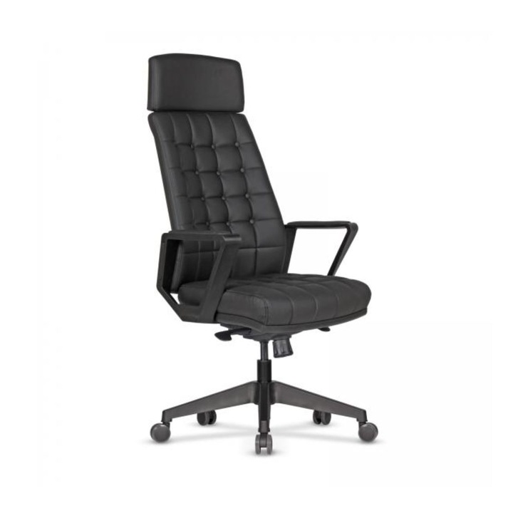 Scaun de birou ergonomic executive VIVA, tapiterie din piele ecologica, tetiera integrata, spatar tapitat cu carcasa din plastic, cotiere integrate, baza cu roti, negru