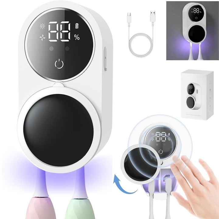 Sterilizator UV pentru periute de dinti DASBO®, Dezinfectare UVC automata, Uscare antibacteriana, Display LED digital, Senzor infrarosu, Incarcare USB-C, suport perete 2 periute electrice sau manuale, Senzor Deschidere-Inchidere automata, Eficienta 99.99%
