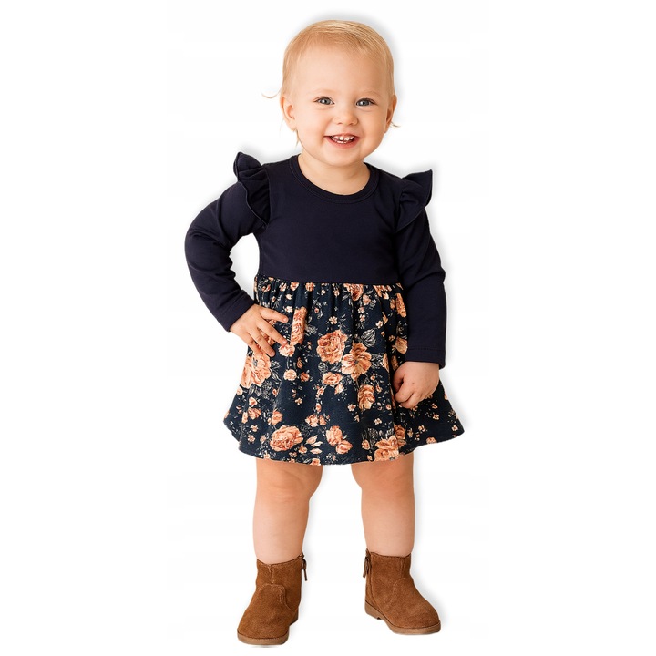 Rochie Dartomik, maneca lunga, bleumarin, bumbac 100%