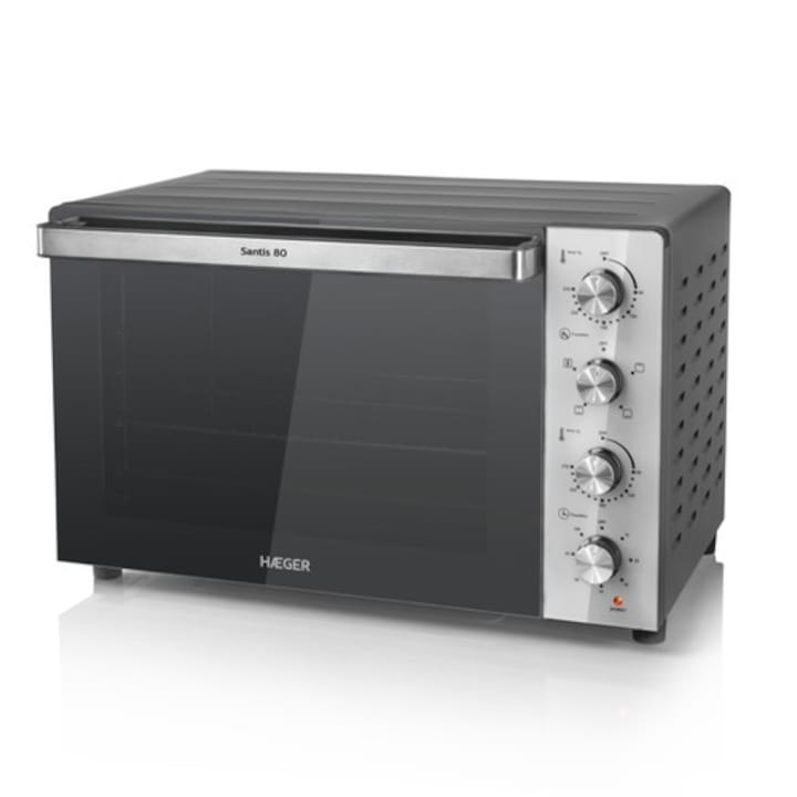 Cuptor electric 80L, Haeger Santis 80, Functie convectie, Temporizator, Lumina interioara, Usa cu sticla dublu, Negru-Argintiu