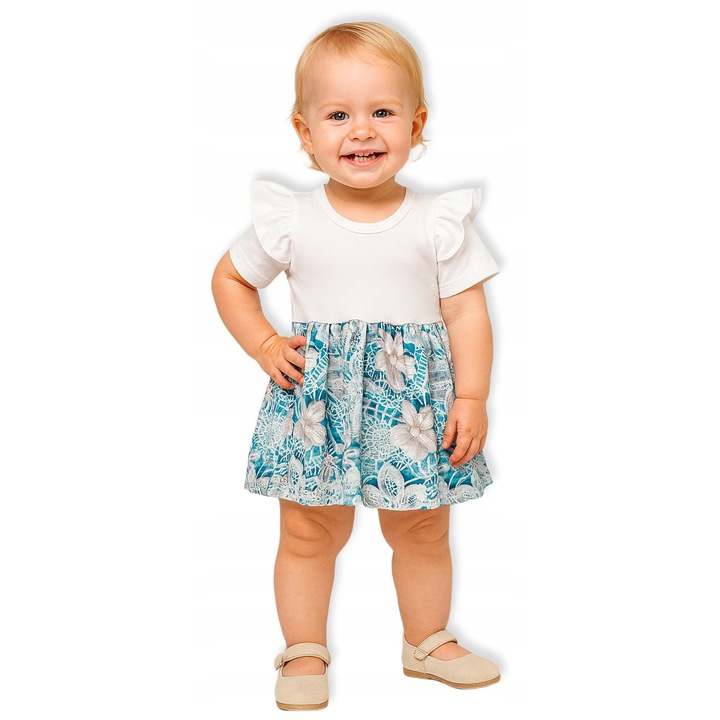 Rochie Dartomik, maneca scurta, volane bumbac, Alb/Albastru