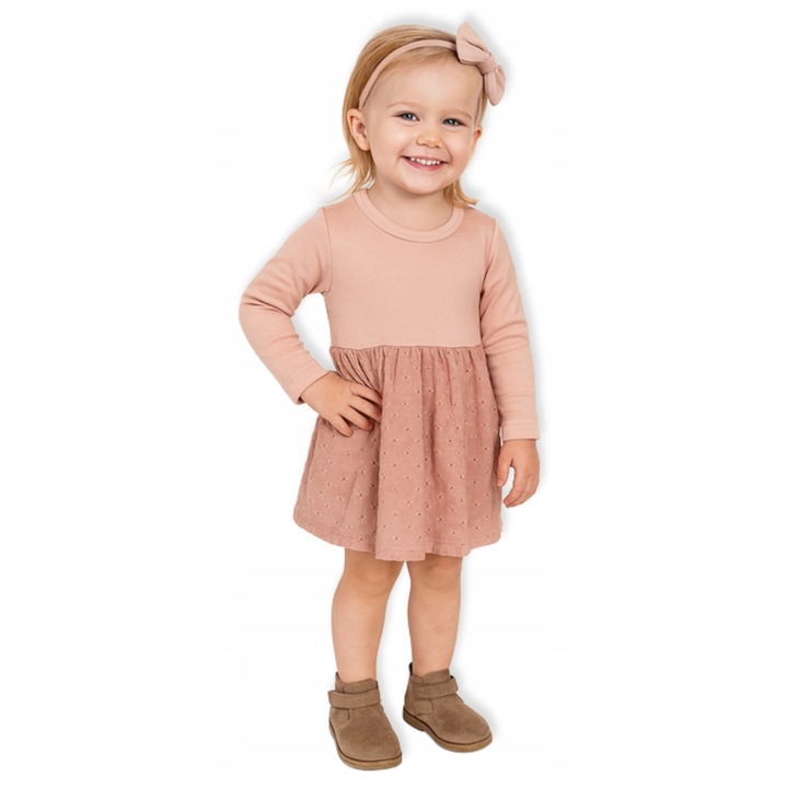 Rochie Dartomik, brodata, roz, bumbac 100%, maneca lunga, pentru fete