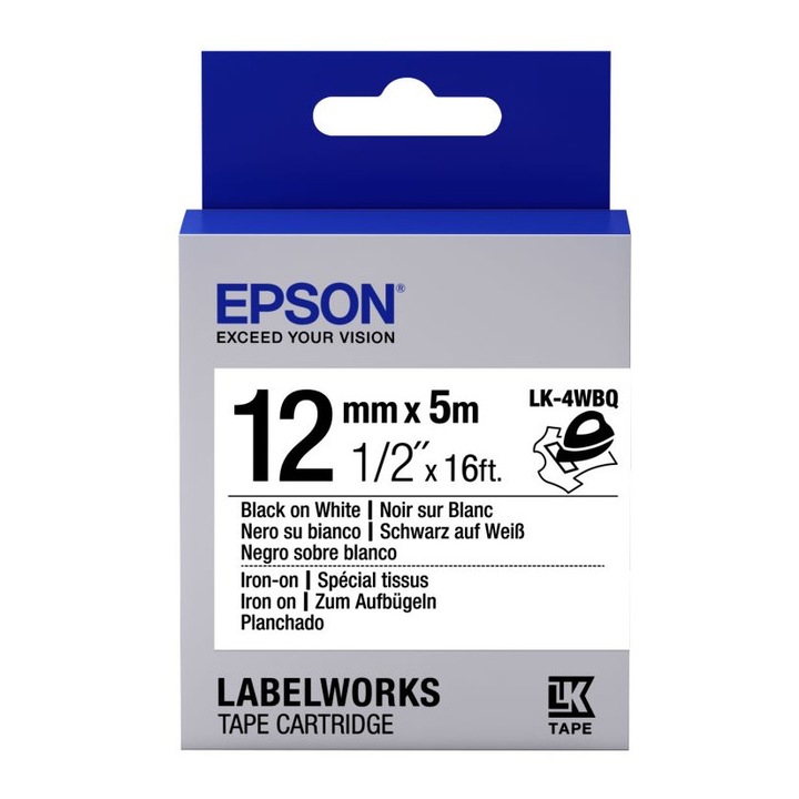 Benzi etichete Epson LK-4WBQ, 12mm, alb pe negru, 5m