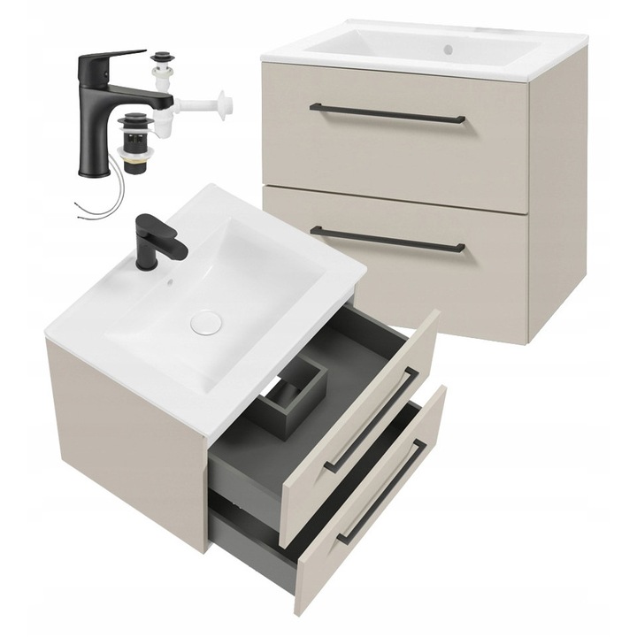 Set dulap baie DomoDomo, Pinia 60 cm, cu chiuveta ceramica, baterie neagra, culoare casmir, 60x50cm