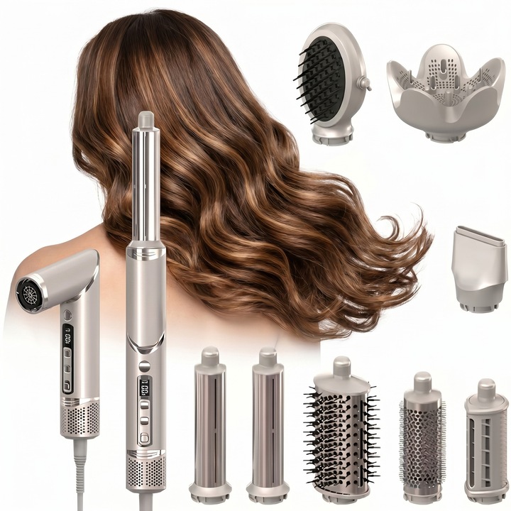 Perie de par electrica 8-in-1, set profesional, 1400W, 3 Viteze si 3 Trepte temperatura, Functie de aer rece instant, 200 Milioane Ioni Negativi, Uscator de par cu difuzor, Ondulator cu absorbtie automata, uscare rapida, ondulare voluminoasa