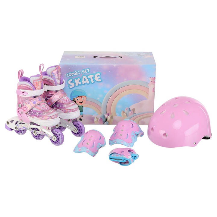 Set Role Reglabile Pentru Copii Cu Roti Luminoase, Cu Casca Si Protectii Complete, ABEC-7, Culoare Roz, Marimi Reglabile 31-34
