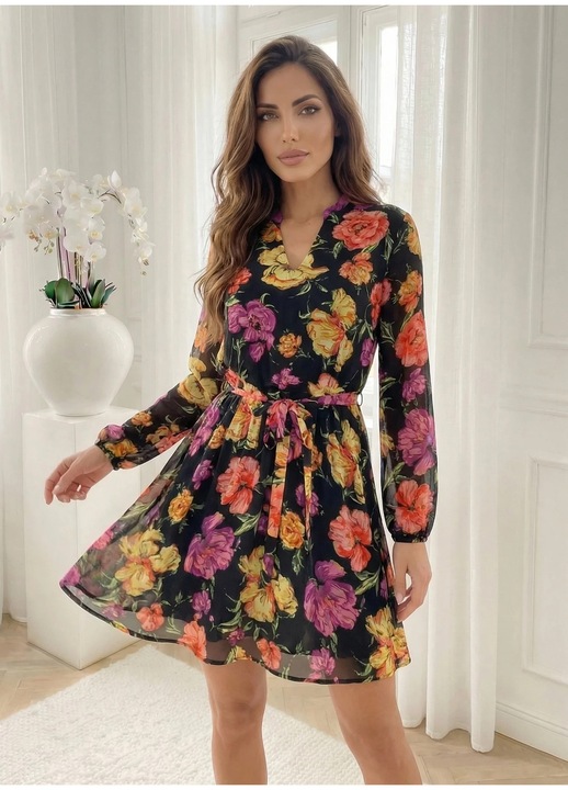 Rochie scurta vaporoasa cu imprimeu floral si cordon in talie, Multicolor