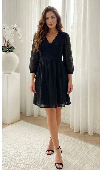 Rochie neagra din voal plumeti cu nasturi decorativi, Negru