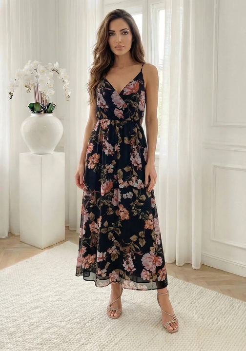 Rochie lunga vaporoasa cu imprimeu floral si bretele reglabile, Negru