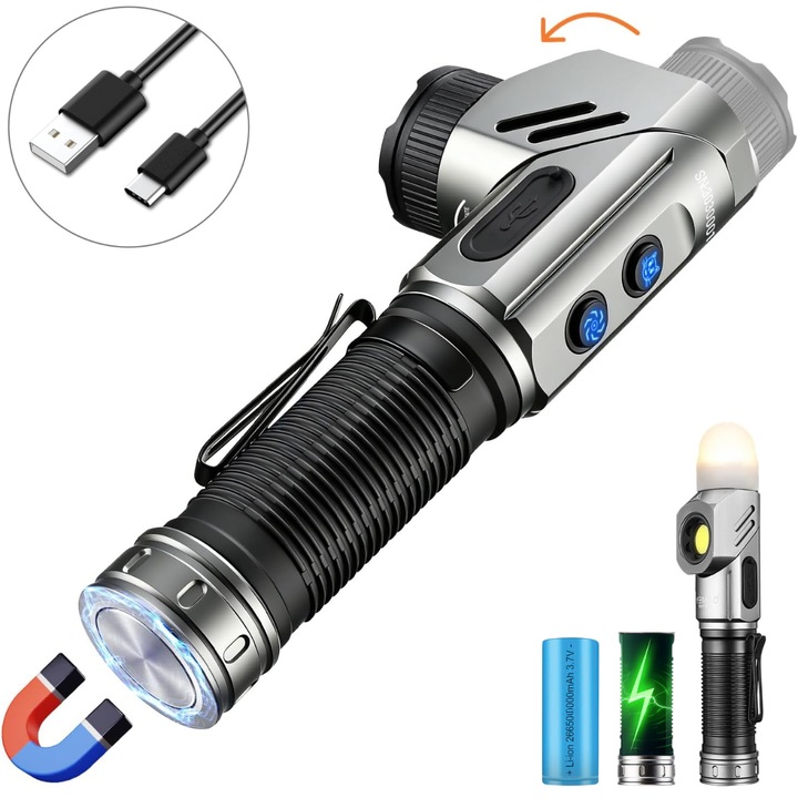 Фенер Dasbo®, професионален, LED, тактически, 1600 лумена, USB-C презареждащ се, 5000mAh батерия, 90° въртяща се глава, силен магнит, LED + COB, 8 режима на осветление, IP54 водоустойчив и удароустойчив