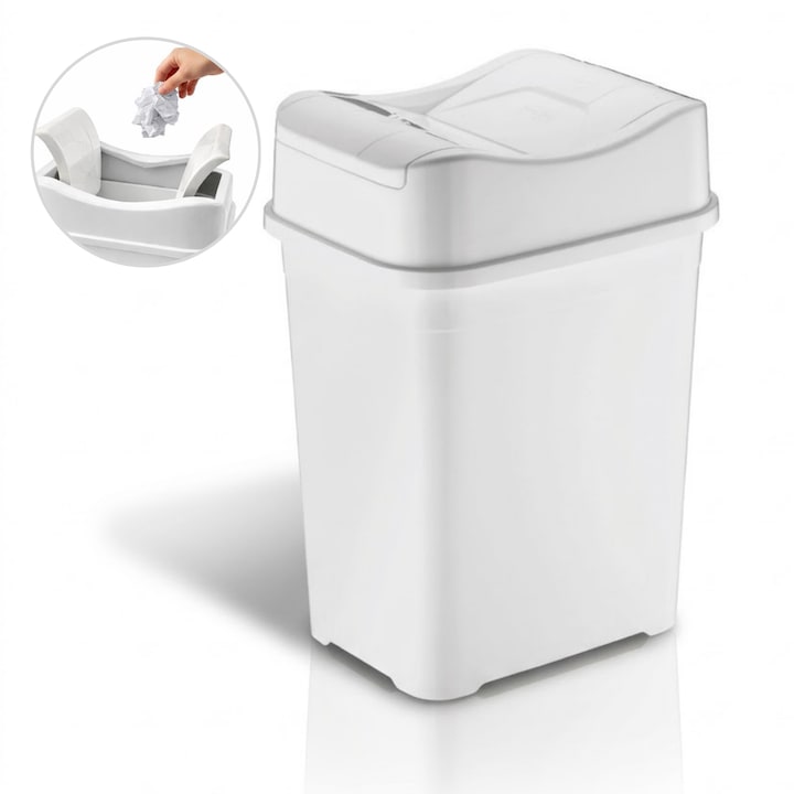 Cos de gunoi 22 L, cu capac rabatabil Salestore.ro®, Cos de gunoi Compact pentru bucatarie, baie, birou, 43.5x31.5x23cm, Plastic, Alb