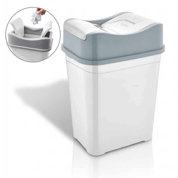 Cos de gunoi cu capac rabatabil 10L, Salestore.ro®, Design Compact, 34.5 x 25.5 x 20 cm, Plastic, Alb/Gri