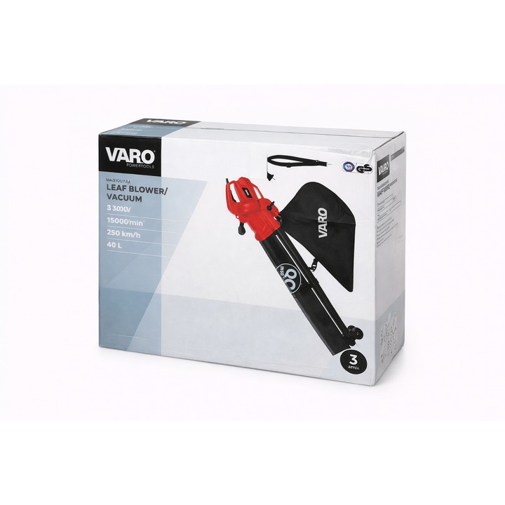 Духалка и прахосмукачка за листа VARO PowerTools VAR10081/25, 3300W, 250 км/ч, 40л торба за събиране, функция издухване/изсмукване/мулчиране