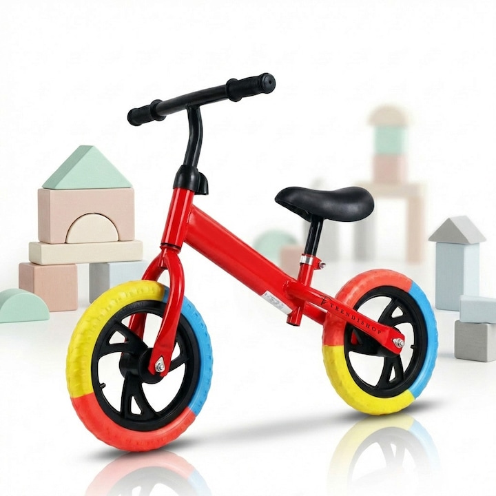 Bicicleta fara Pedale pentru Copii 2-5 Ani, TrendiShop®, Balance Bike cu Roti EVA Pline Anti-Pana, Cadru Metalic Usor, Sa si Ghidon Reglabile, Jucarie Educativa pentru Invatarea Echilibrului, Model Sport Rosu