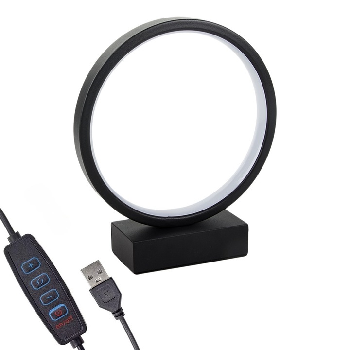 Lampa LED de Masa Tip Inel, Welsmar, 3 Culori Lumina Calda/Rece/Neutra, Intensitate Reglabila, Alimentare USB, Lampa pentru Dormitor, Birou sau Noptiera, Lumina de Veghe, Design Modern, Negru