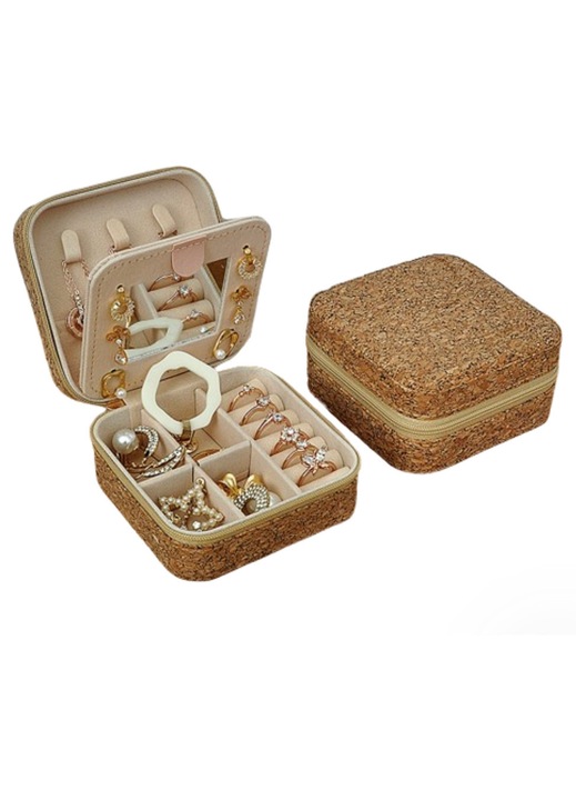 Cutie de bijuterii portabila, Culoare uni din lemn natural, design vintage, Material din pluta, 10x10x5 cm