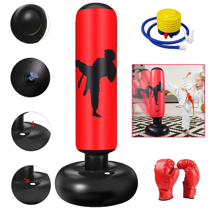 Sac De Box De 160 cm, Sac Turn Gonflabil Pentru Fitness, Cu Suport Pentru Tinta, Sac De Nisip Cu Coloana, Cu Pompa De Aer Pentru Picior, Manusi De Box, Pentru Antrenament Karate, Taekwondo Si MMA