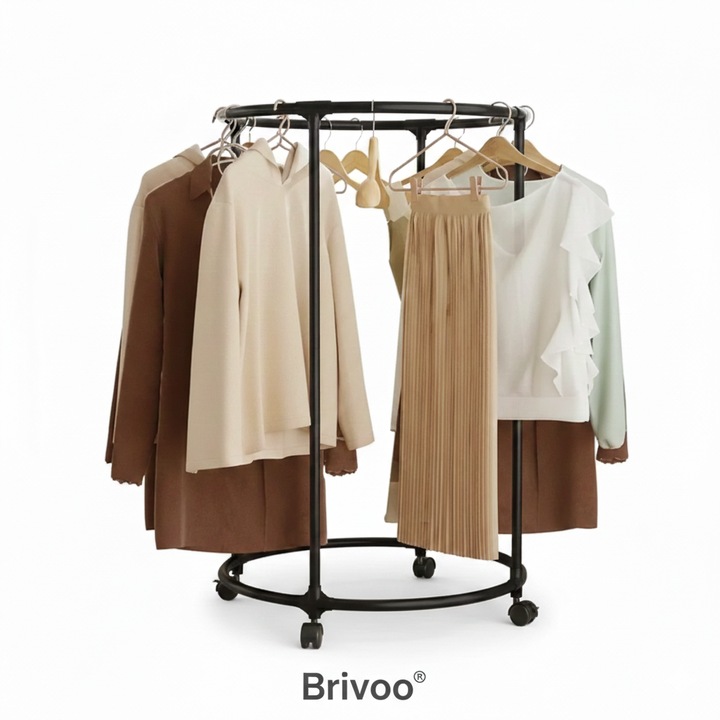 Brivoo® kör alakú ruhatartó, 360°-os körhinta típusú állvány, helytakarékos gardrób rendszerező, mozgatható szerkezet kerekeken, fekete