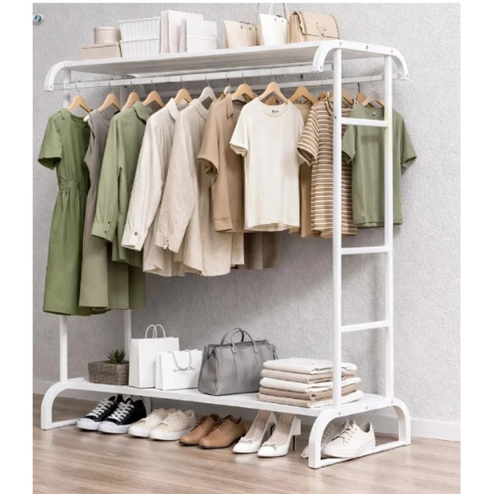 Fém ruhatartó szervező polcokkal, ruha- és cipőtároló, 109x50,5x148 cm, fehér