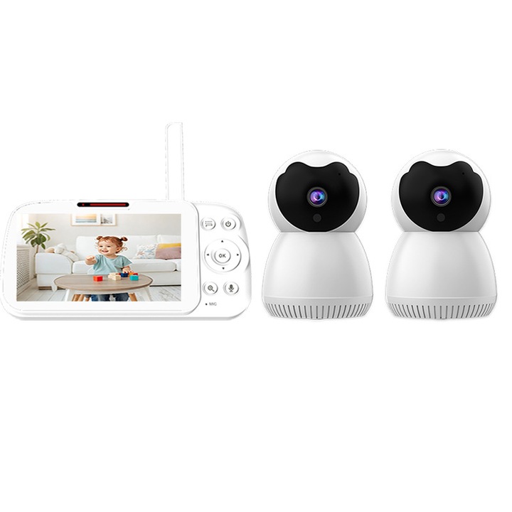 Monitor pentru bebelusi, Aiorber, 1 monitor, 2 camere, rotatie 360°, zoom 4x, comunicare bidirectionala, detectarea temperaturii, mementouri pentru hranire, viziune nocturna cu infrarosu, cantece de leagan