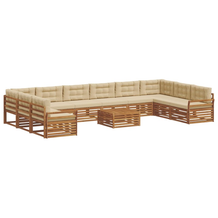 Set canapele și masă vidaXL, 11 piese, lemn solid de acacia, natural și bej, 483x250x73cm