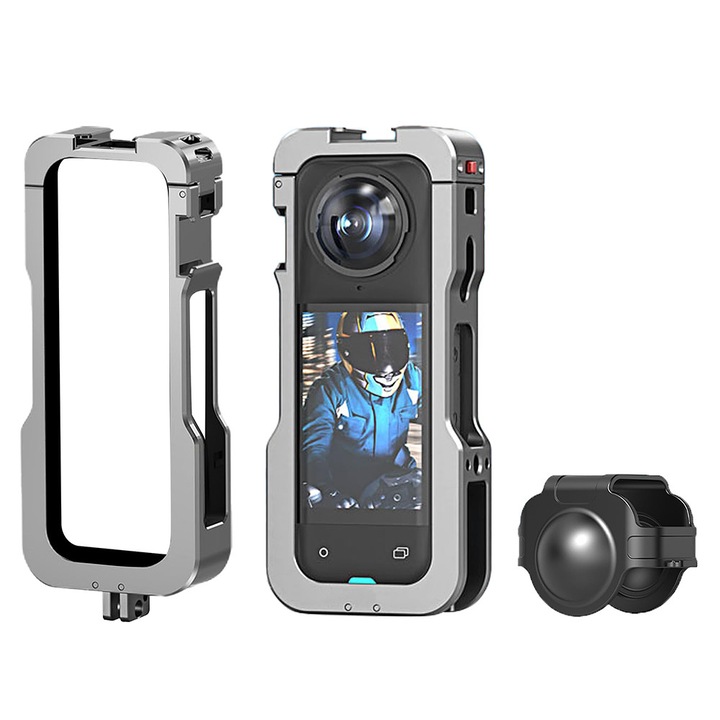 Метален защитен калъф за Insta360 X5, Jeswo, алуминий, включва силиконова капачка, черен