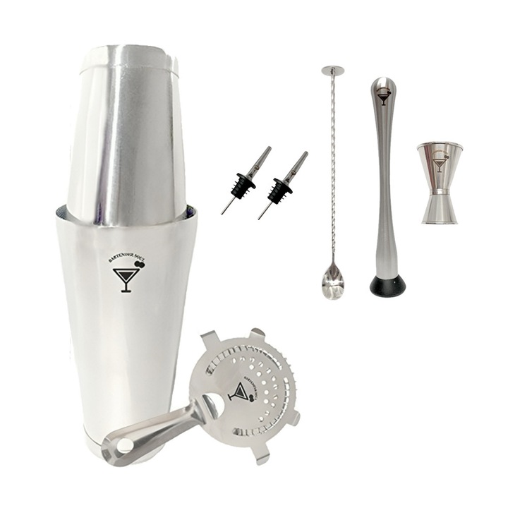 Set cocktail Bartender Soul Boston 205548694, 830 ml și 530 ml, 8 piese, Oțel inoxidabil, Inox