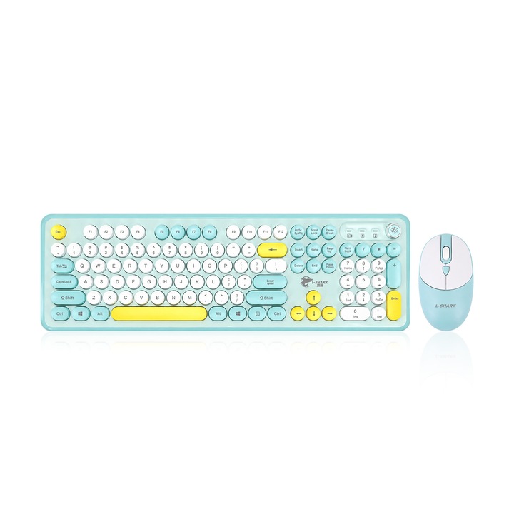 Kit tastatura si mouse wireless T801A-SHL, USB 2.4G, stil punk, taste rotunde, silentioase, ergonomic, buton multimedia, culori pastel, pentru birou, compatibil PC/laptop