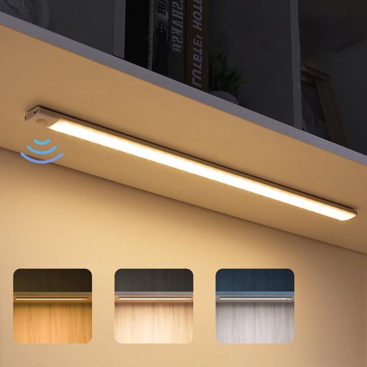 Lampa sub dulap cu senzor de mișcare, TodyJeyHo, 3 culori, wireless, 2500mAh, 30cm