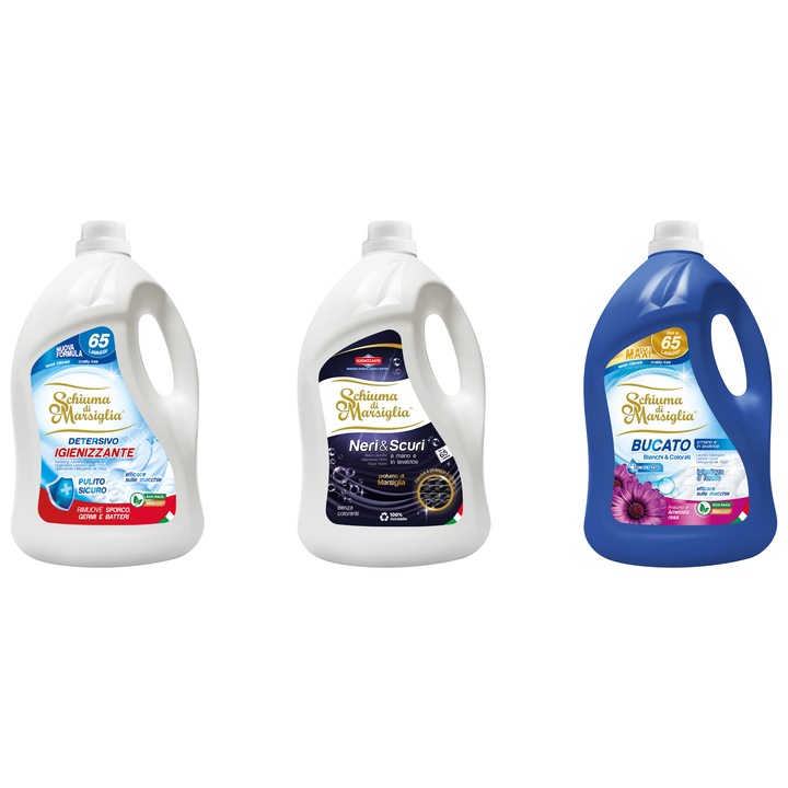 Pachet detergent lichid Schiuma di Marsiglia, 3 x 5L, igienizant, Neri & Scuri, Ametista Rosa, pentru rufe albe, colorate si negre
