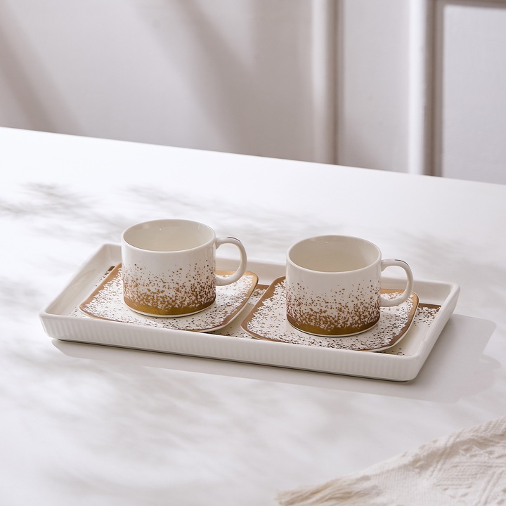 Set 2 cesti cu 2 farfurioare si tava din portelan, 180 ml, Snowing, alb, 30.5x18.5cm