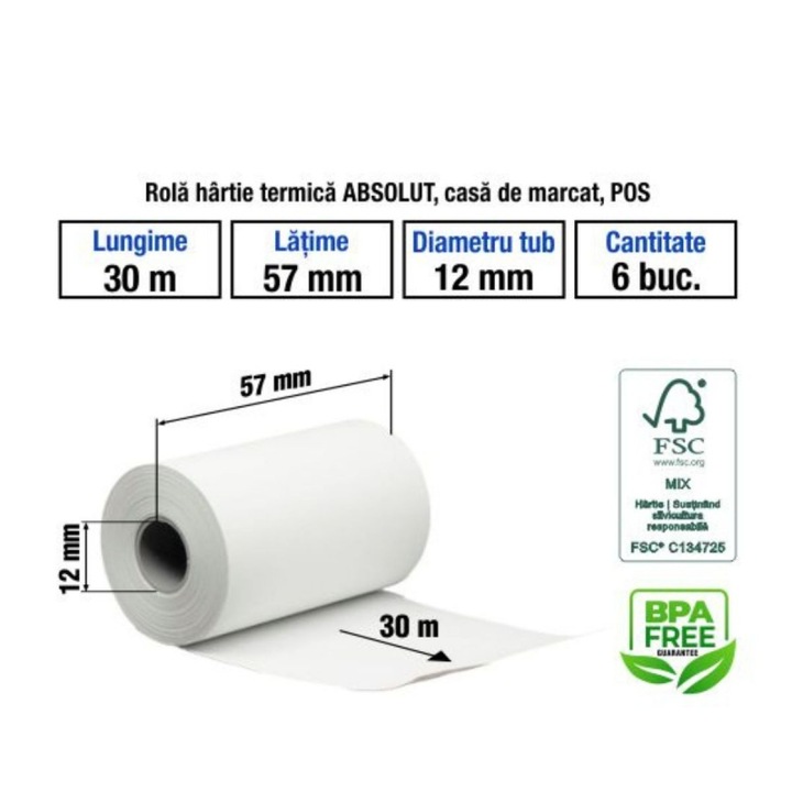 Hartie termica pentru casa de marcat si POS, 57mm x30m, alb, 1 exemplar