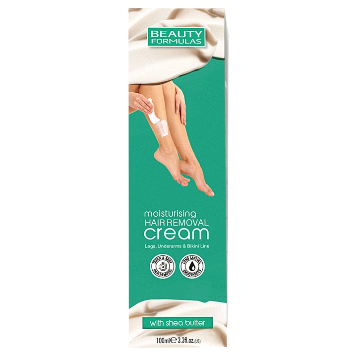 Crema depilatoare hidratanta cu unt de Shea, 100ml, Beauty Formulas, pentru picioare, axila si inghinal, vegan
