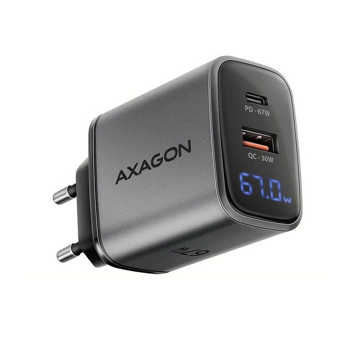 AXAGON ACU-PQ67D hálózati USB töltő PD3.0 & QC4+, 1*UAB-a és 1*USB-C kimenet, LCD kijelző, 67W, GaN technológia, fekete