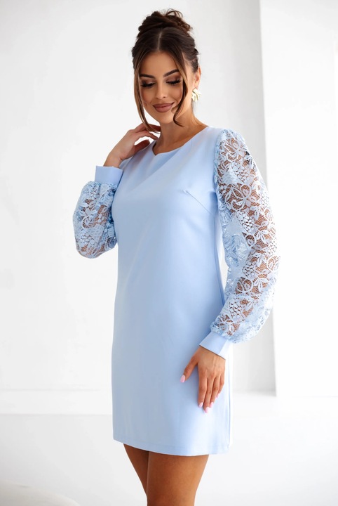 Rochie eleganta bleu cu maneci din dantela, Albastru