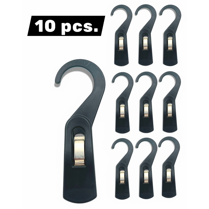 Set de 10 cârlige plastic negru pentru haine