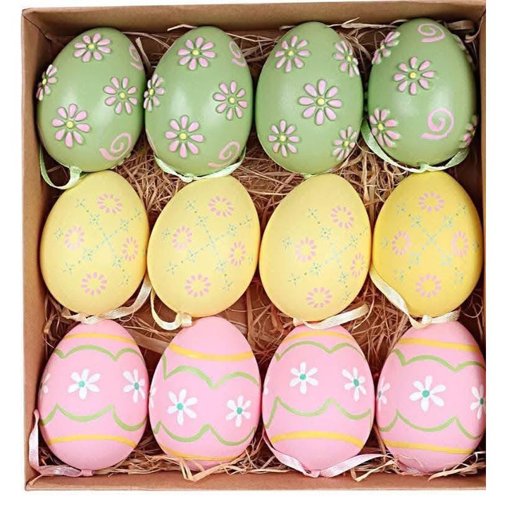 Oua de Pasti 6cm 12 bucati Plastic, Ornamente de Paste, Galben/Roz/Verde