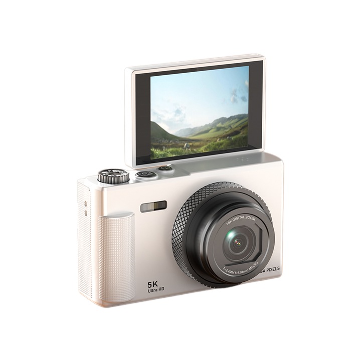 Aparat foto digital, 5K, 64 GB, zoom 18x, ecran HD de 2, 8 inci, ecran rabatabil la 180°, focalizare automata, blit incorporat, baterie de 1000 mAh, incarcare prin USB, potrivit pentru elevi si incepatori, alb