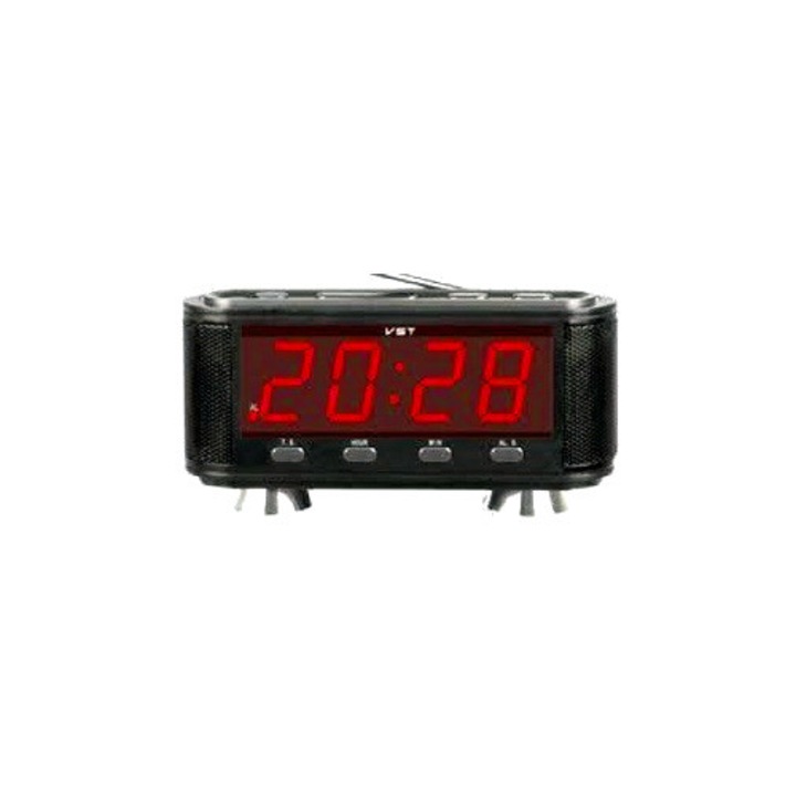 Ceas de masă VST, radio FM, LED roșu, alarmă, negru, 20x10x5cm